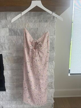 NWT Kittenish Pink Floral Satin Slip Dress with Lace-Up Back